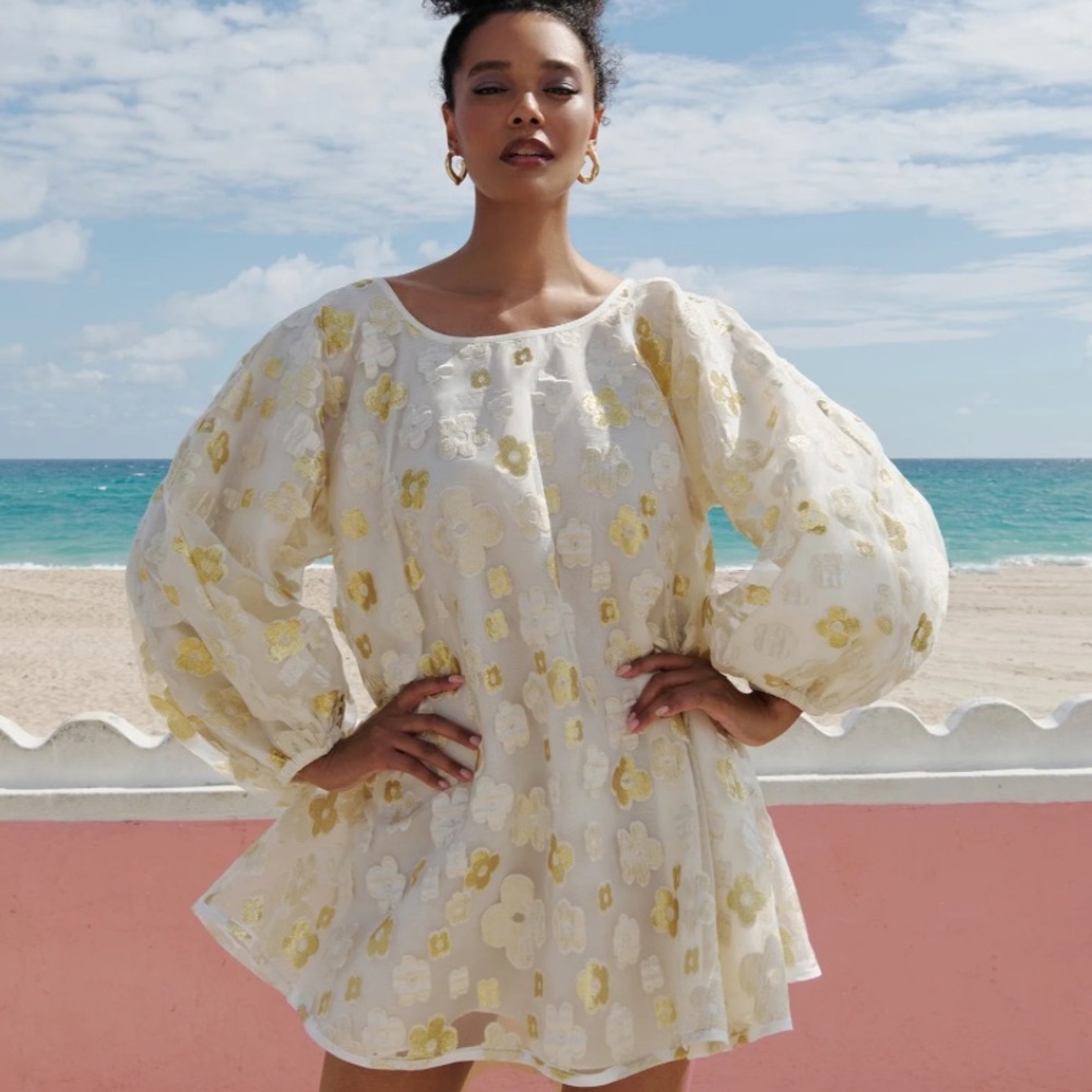 White & Yellow Floral Mini Dress with Balloon Sleeves